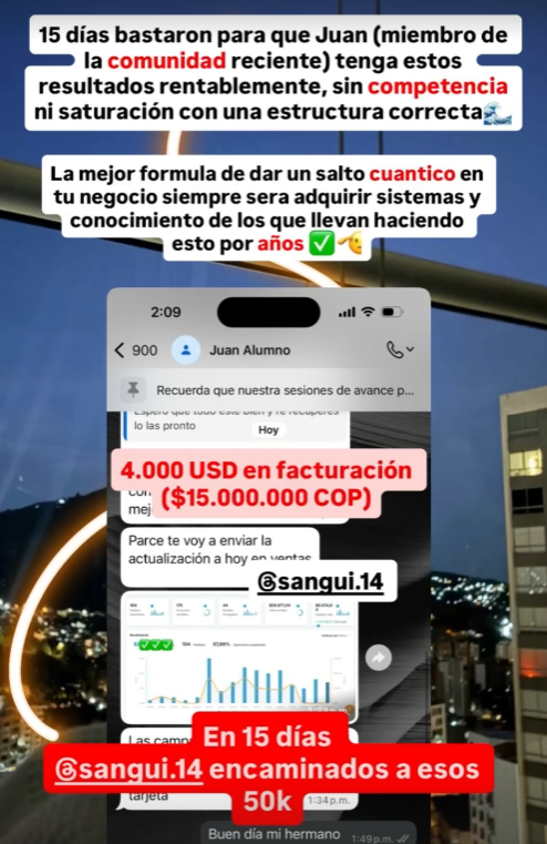 Juan achieving 4,000 USD in billing in 15 days (15M COP)